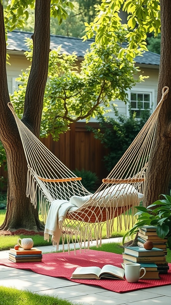 A cozy backyard reading nook featuring a hammock, a red rug, a stack of books, and a cup of tea.