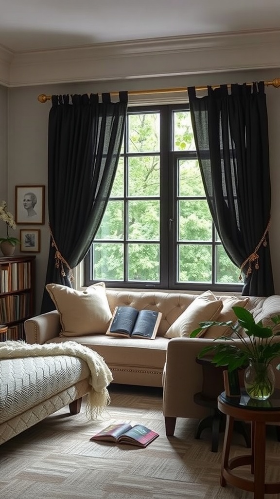 Cozy reading nook featuring a sofa with black drapes, pillows, and books.