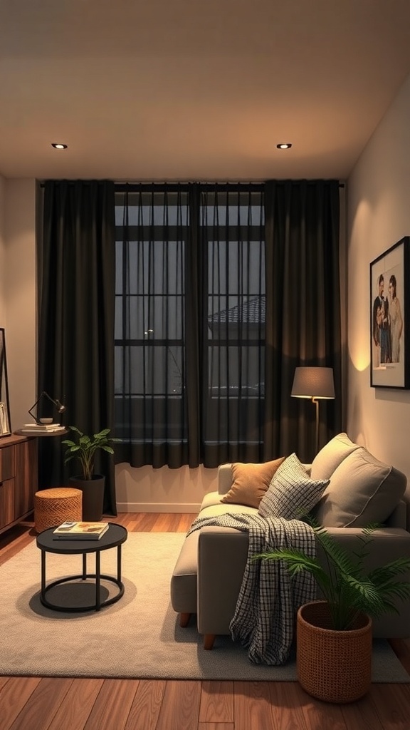 Cozy reading nook with black drapes, a sofa, and potted plants.