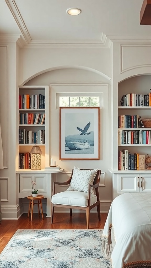 Cozy reading nook with built-in shelves, a chair, and a small table with a lamp and plant.