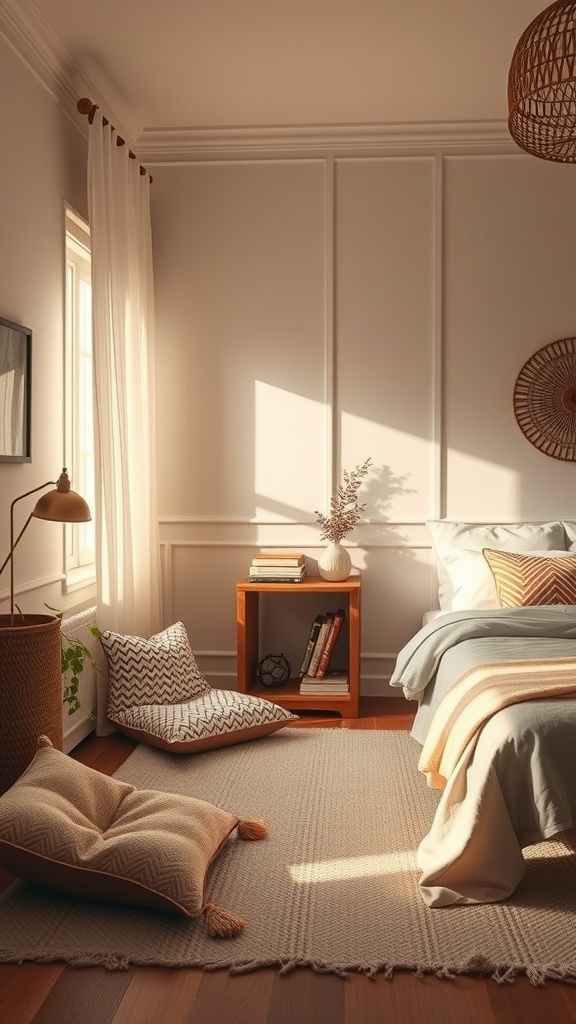 Cozy reading nook with floor cushions in a bohemian bedroom, featuring natural light and a small side table with books.
