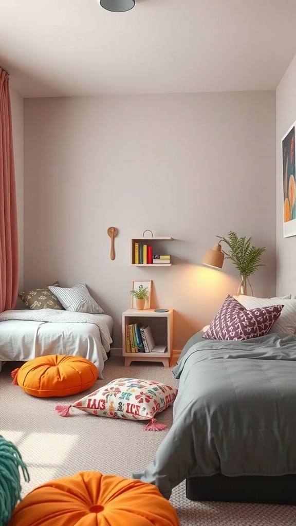 A cozy bedroom nook featuring floor cushions, a small bookshelf, and soft lighting.