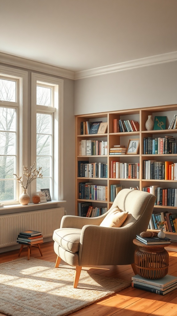 A cozy reading nook in a basement with an armchair, a small table, and bookshelves filled with books, illuminated by natural light from the windows.