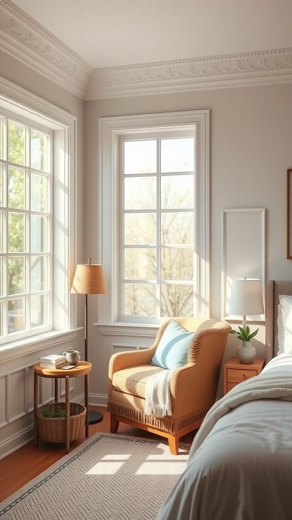 A cozy reading nook featuring a comfortable chair, natural light from large windows, and a small side table.