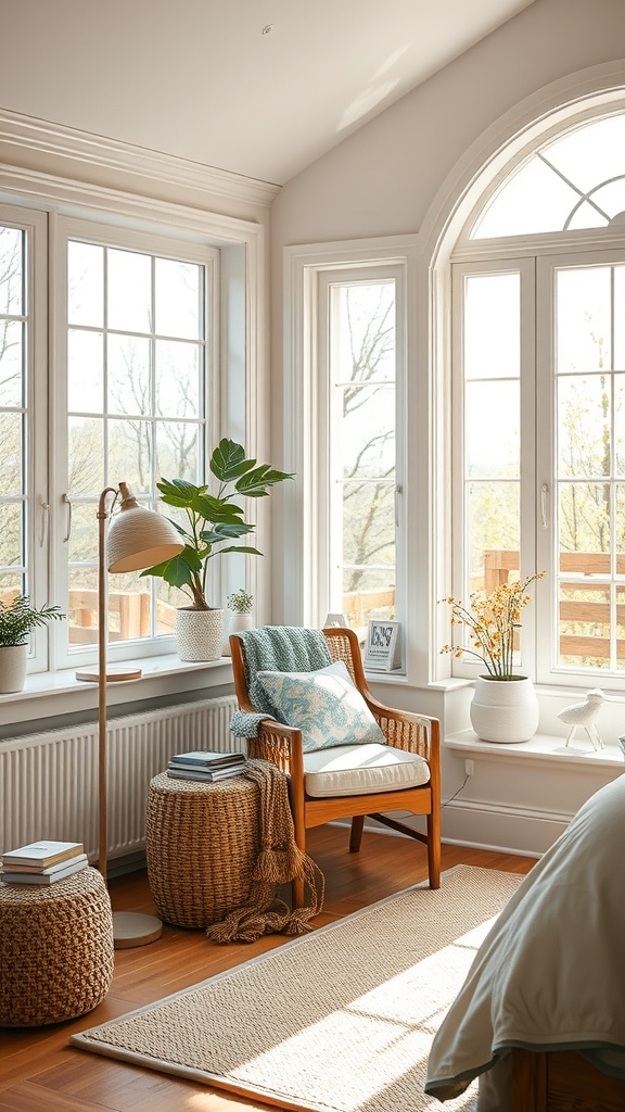 A cozy reading nook in a sunroom with large windows, a comfortable chair, woven baskets, and plants.