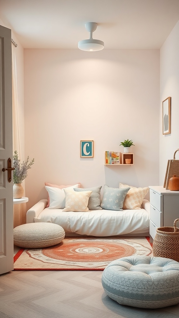 A cozy reading nook with pillows in a kindergarten bedroom, featuring a daybed, round rug, and books on shelves.