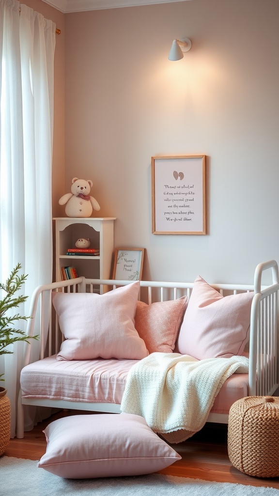 A cozy reading nook in a pink and green nursery featuring pink cushions, a teddy bear, and a warm blanket.