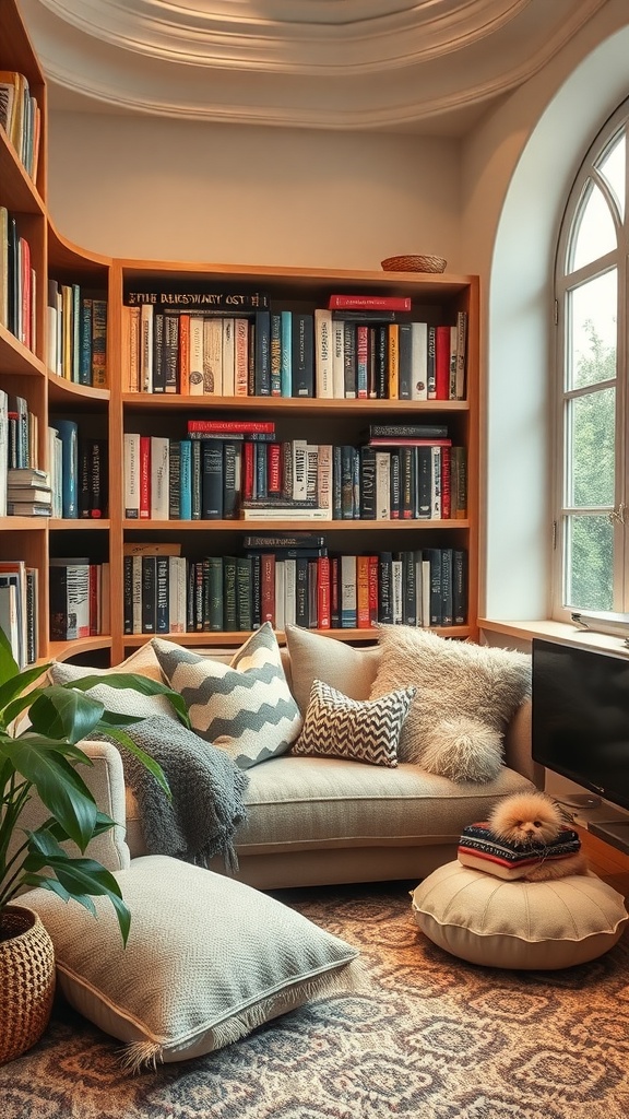 Cozy reading nook with plush cushions, bookshelf, and a potted plant