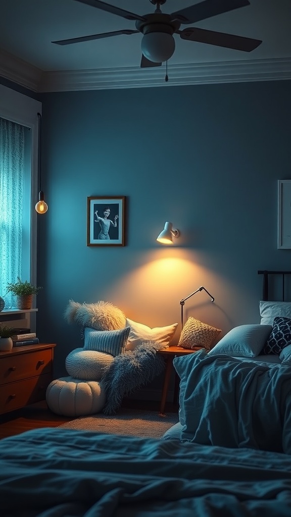 A cozy reading nook in a bedroom with a plush chair, soft pillows, and warm lighting.