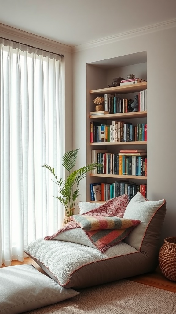 A cozy reading nook with a large cushion, colorful pillows, a bookshelf filled with books, and a plant by a window.