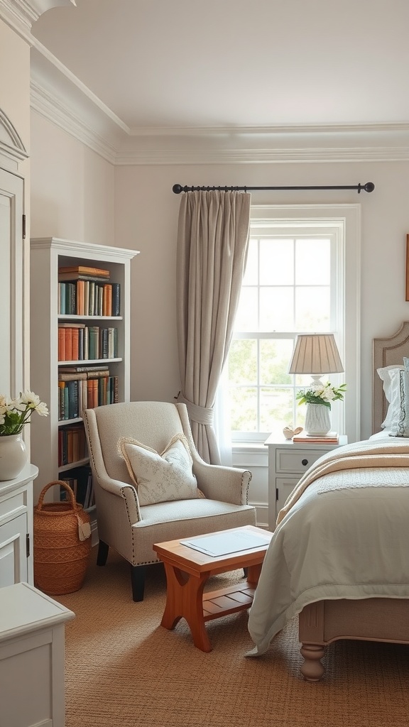 Cozy reading nook in a French country bedroom with a chair, side table, and bookshelf.