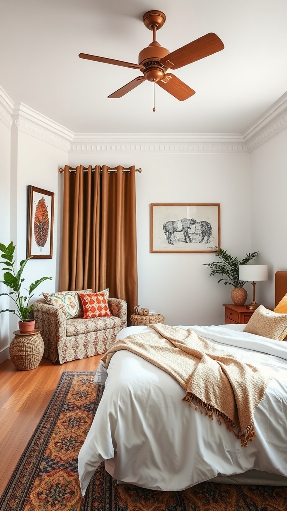 A cozy reading nook in a modern Indian bedroom featuring a comfortable armchair, warm curtains, and decorative pillows.