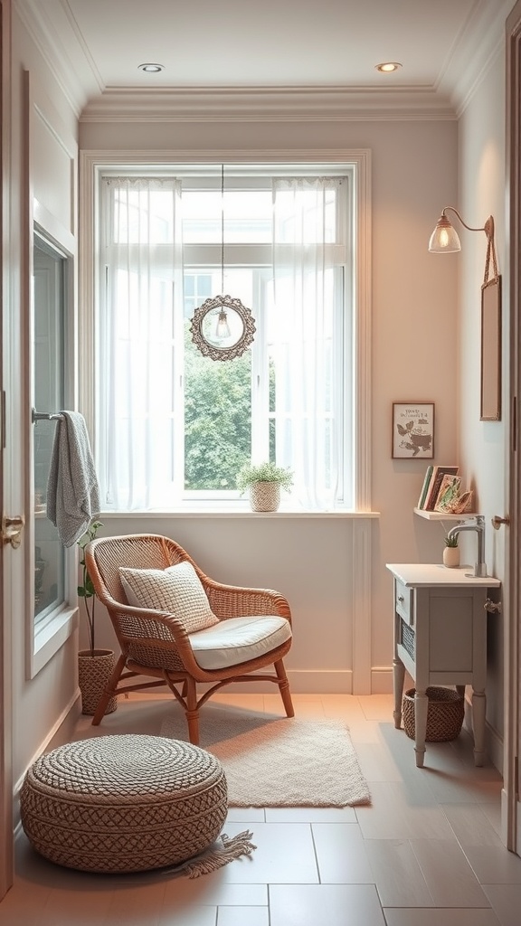Cozy reading nook in a French country bathroom with a chair, pouf, and natural light.