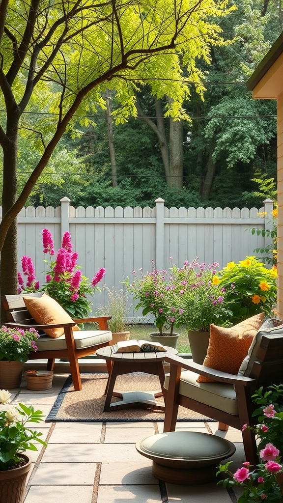 Cozy reading nook with comfortable chairs, colorful flowers, and a tranquil setting