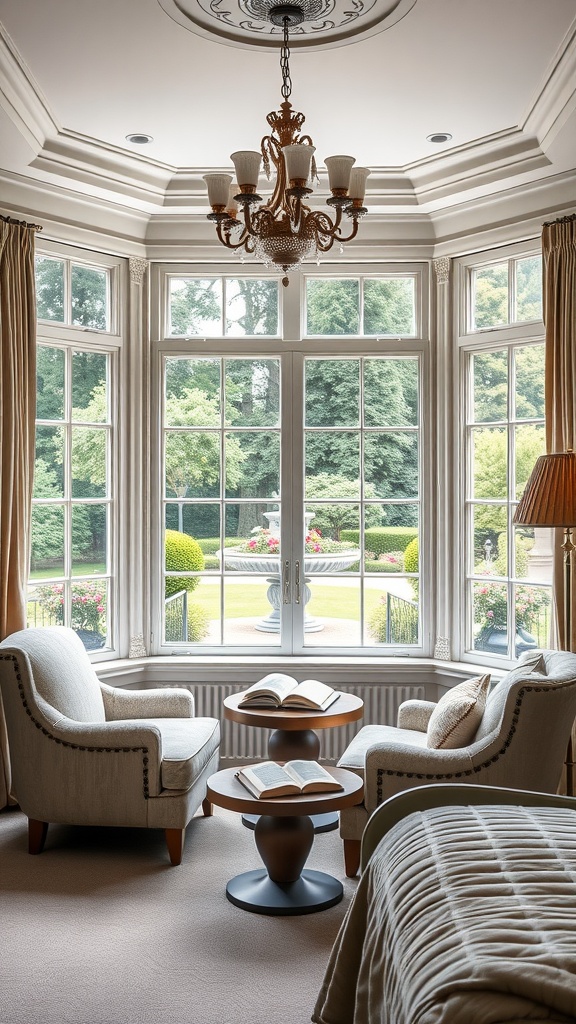 Cozy reading nook with two chairs and a table by a large window in a mansion bedroom.