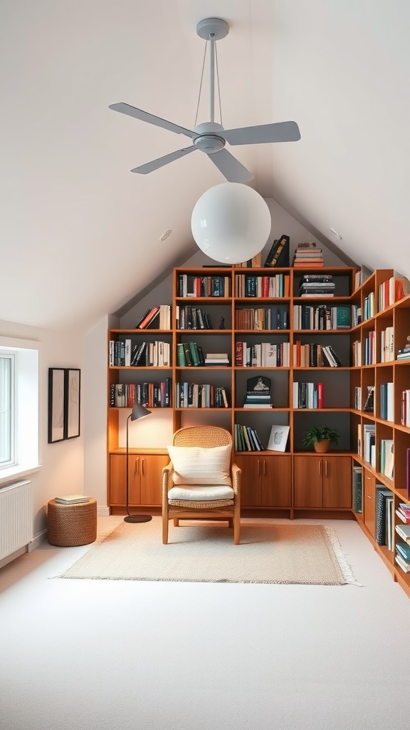 Cozy reading nook in a loft bedroom with wooden bookshelves and a comfortable chair