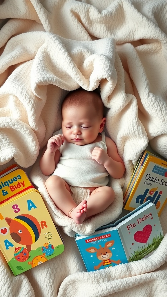 A sleeping baby surrounded by colorful children's books on a soft blanket.