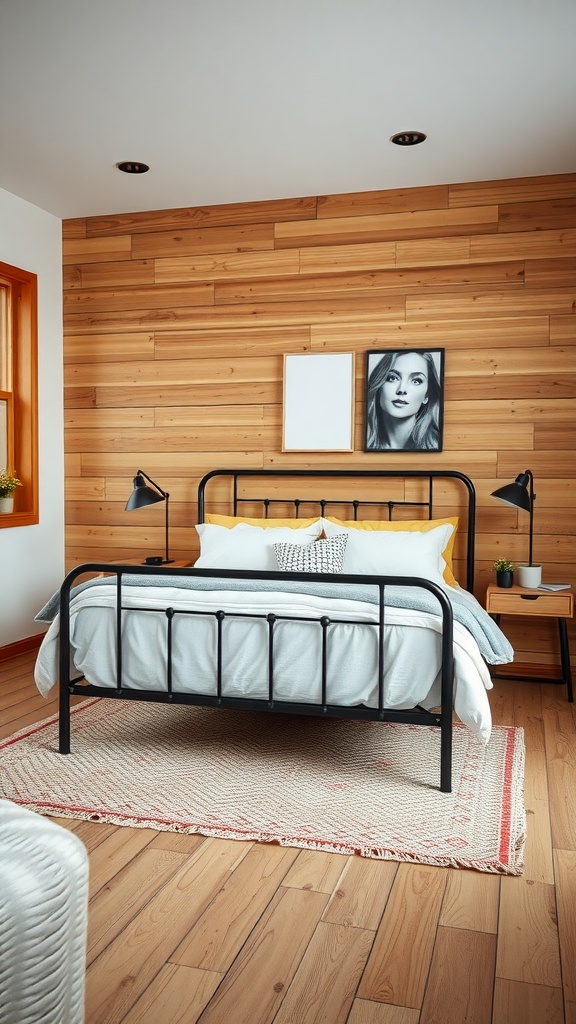 Cozy Scandinavian bedroom with a black metal bed frame and wooden accent wall