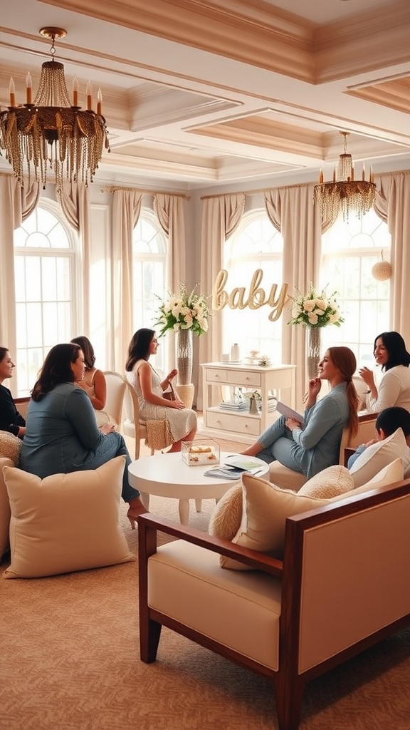 Cozy seating arrangement for a baby shower with plush chairs and cushions where guests are gathered.