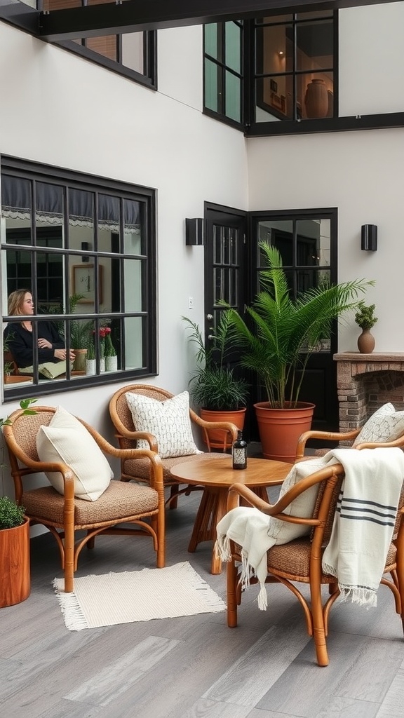 Cozy seating arrangement with rattan chairs and a small wooden table in a bright space.