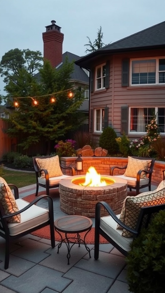A cozy seating arrangement around a fire pit with comfortable chairs and string lights.