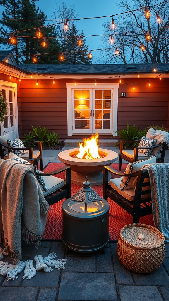 Cozy seating arrangement around a fire pit with string lights and warm blankets.