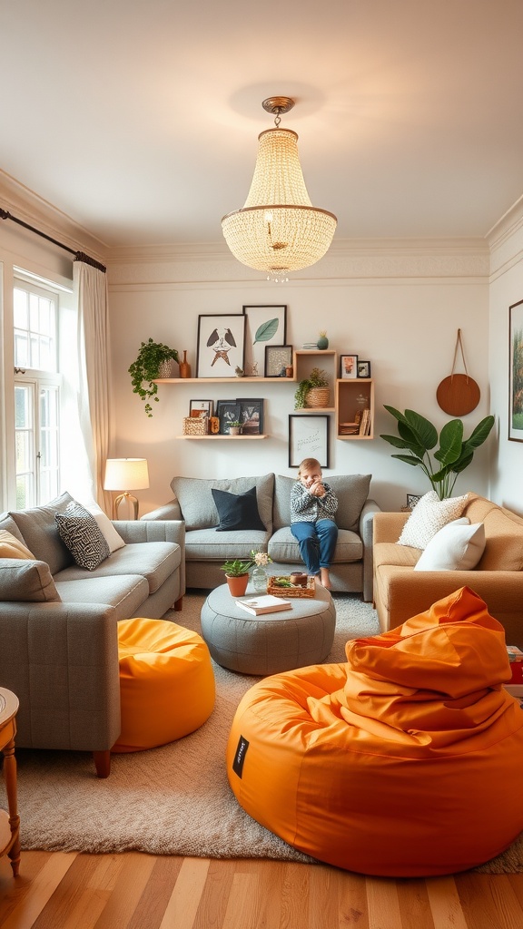 Cozy living room with bean bags and a child sitting on a couch