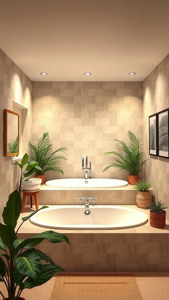 A cozy basement bathroom featuring two bathtubs, plants, and warm lighting.
