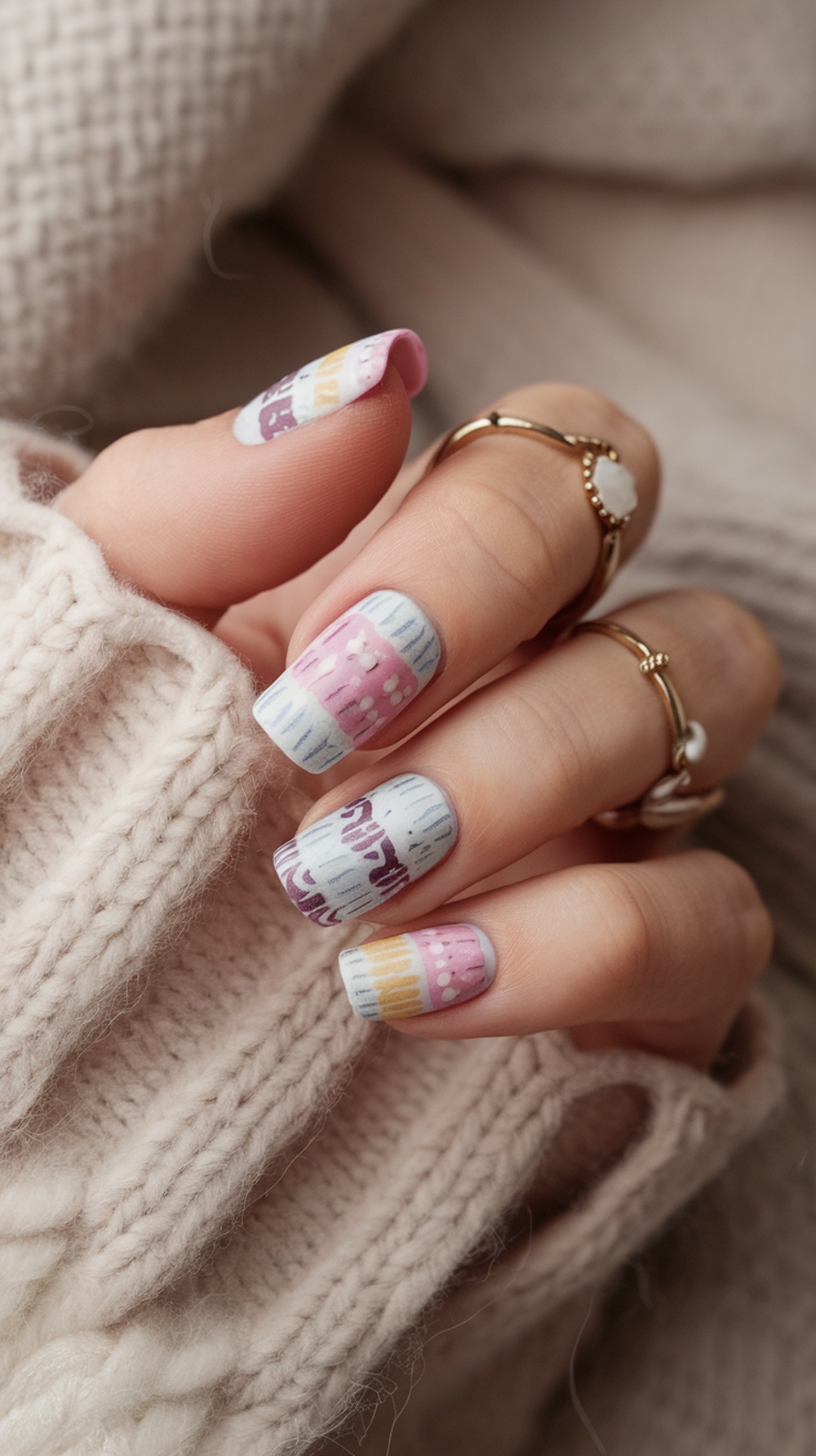 Close-up of cozy sweater-inspired nail art with pastel colors and knit-like patterns.
