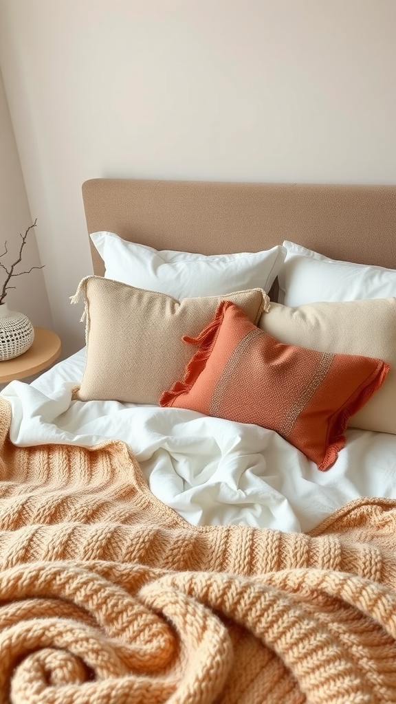 A cozy bed with pillows and a knitted blanket in warm tones.