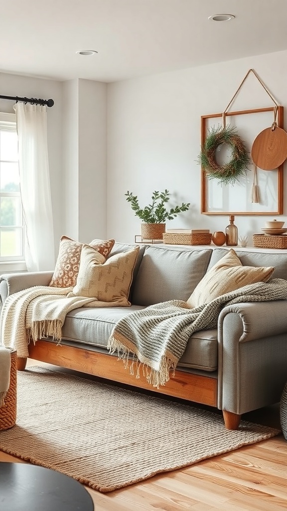Cozy farmhouse living room with a gray sofa, layered textiles, and decorative elements.