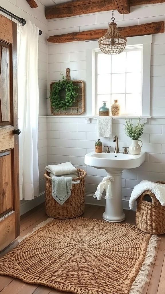 A country rustic bathroom featuring a woven rug, wooden beams, and natural textures.