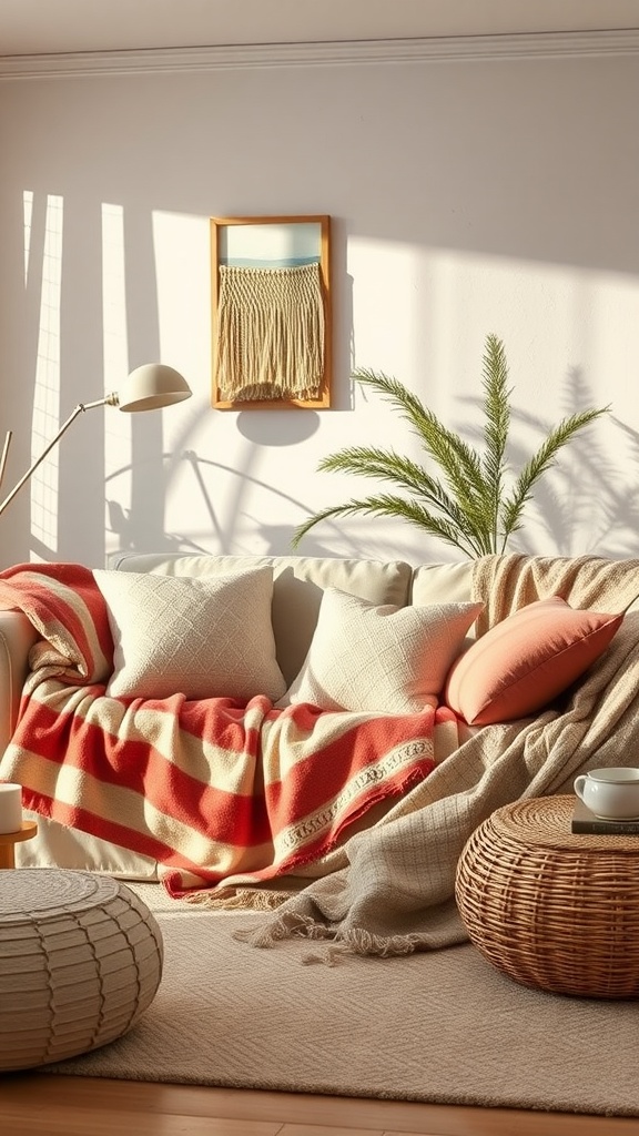 A cozy family room featuring a couch with striped throw blankets, decorative pillows, a woven rug, and a green plant.