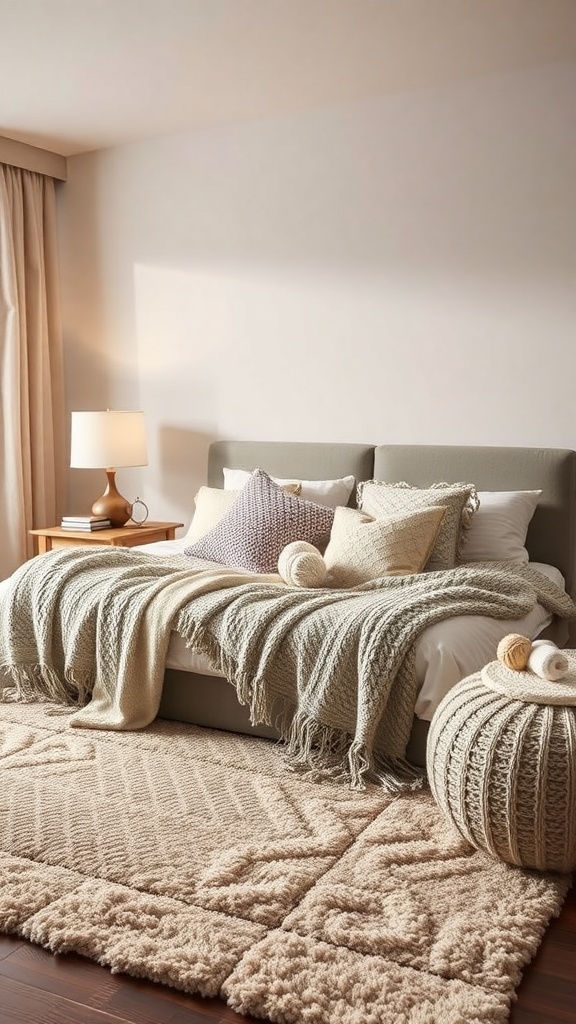 A cozy bedroom with layered blankets, textured pillows, and a plush rug, creating a warm atmosphere.