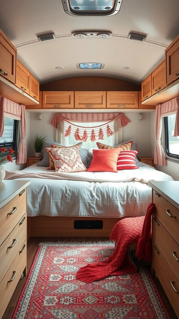 Cozy RV interior with warm textiles, including pillows, a throw blanket, and a patterned rug.