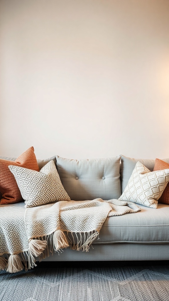 Light gray couch with textured pillows and a woven throw