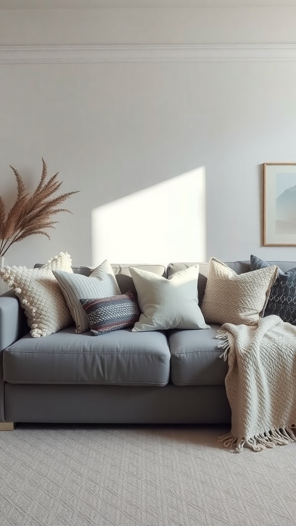 A cozy living room featuring a grey couch with various textured pillows and a warm throw blanket.