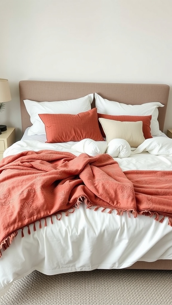 A neatly made bed with a cozy throw blanket in warm colors and decorative pillows.