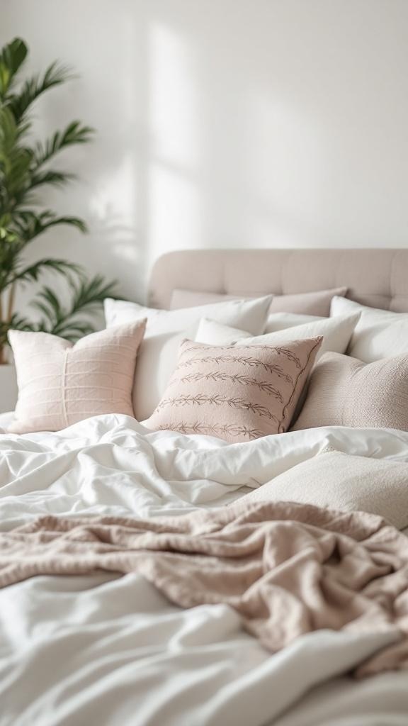 A cozy bed with various throw pillows in soft colors and textures, creating a warm atmosphere.