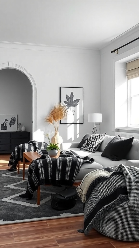 Cozy black and white living room with throws and pillows