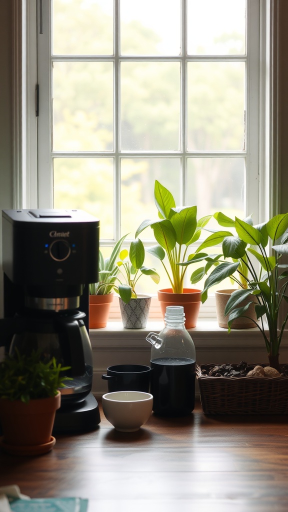 A cozy coffee station by a window with plants, a coffee maker, and accessories.