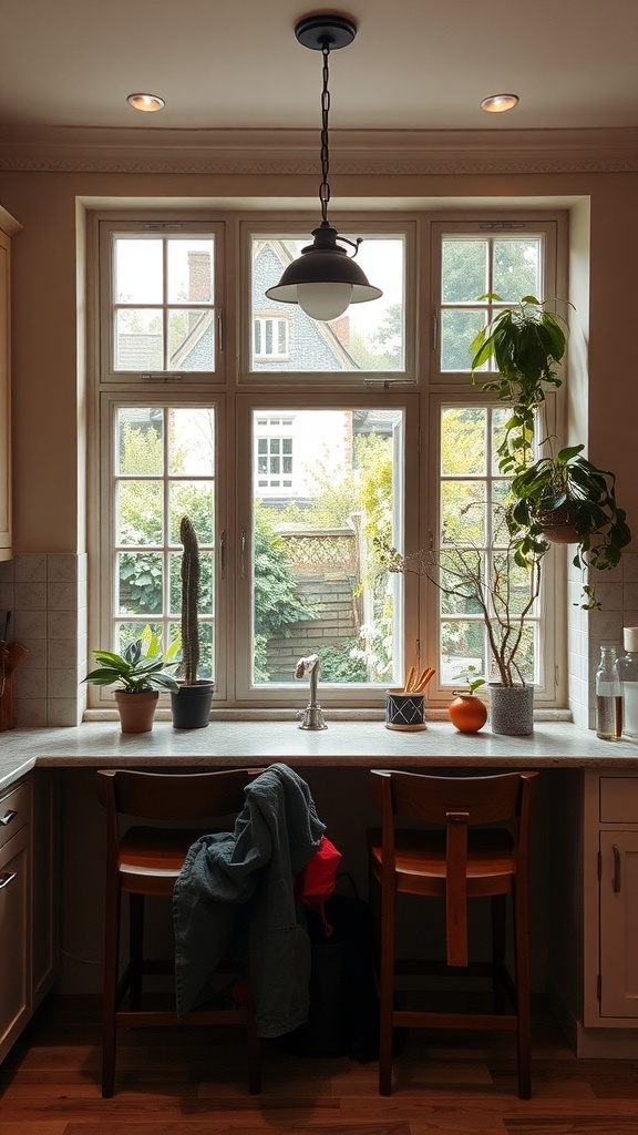Cozy kitchen window pass through with bar seats and plants