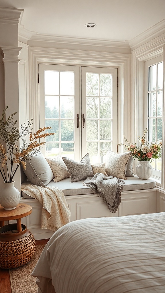 Cozy window seat with pillows and a throw blanket, surrounded by natural light.