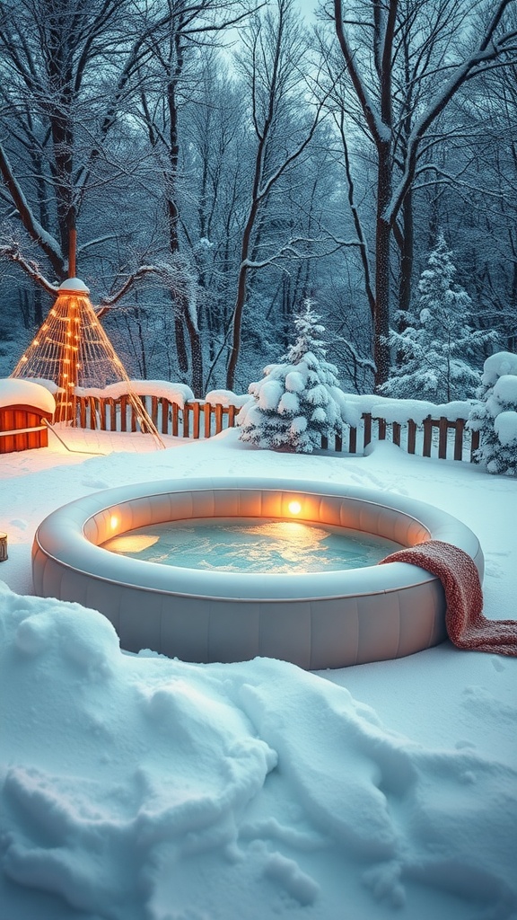 An inflatable hot tub surrounded by snow and trees, creating a cozy winter scene.