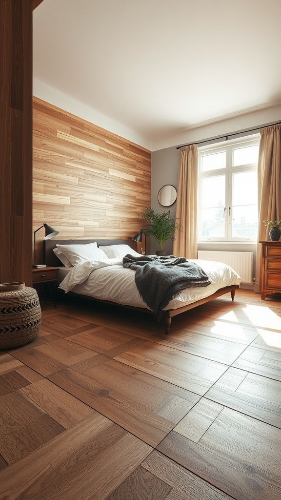 A cozy bedroom featuring wood-look tile flooring and a wooden accent wall.