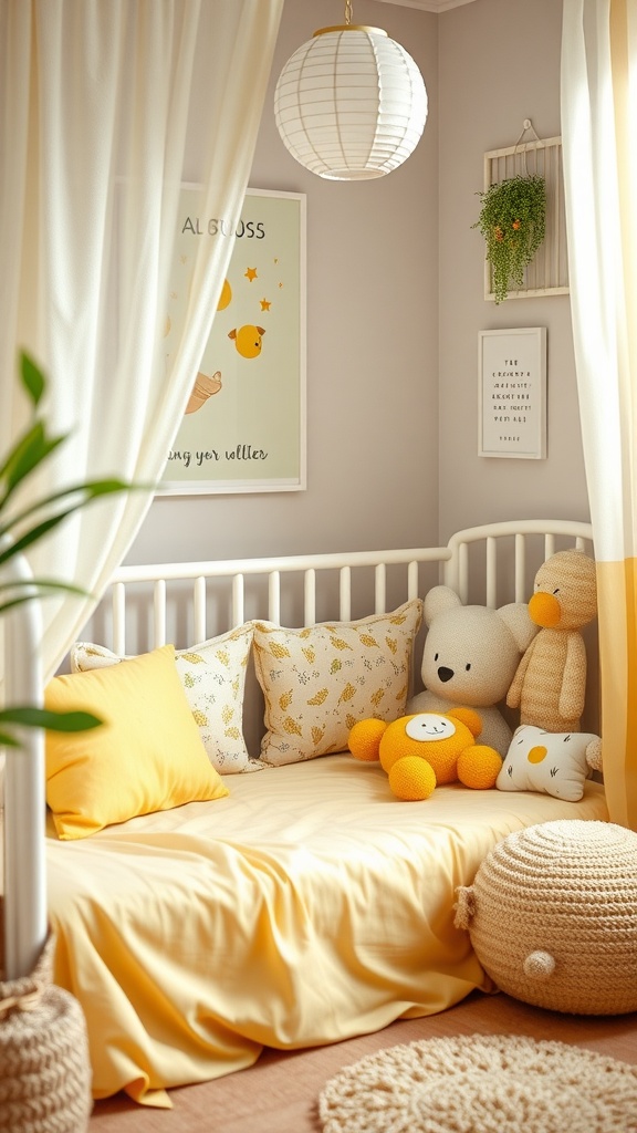 A cozy nursery with yellow bedding, plush toys, and soft decor.