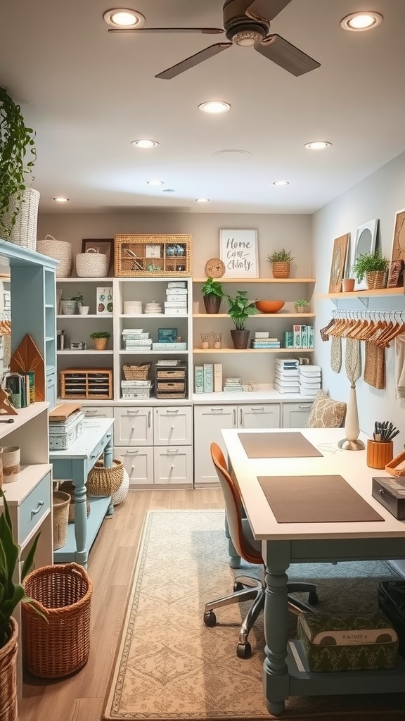 A well-organized craft room with shelves, a work table, and decorative elements.