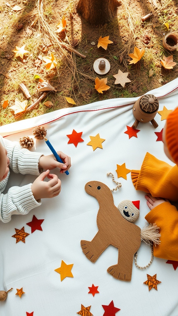 Children making craft stick puppets outdoors, surrounded by colorful leaves and crafting materials.