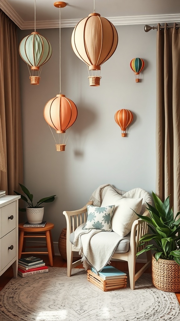 A cozy reading corner featuring floating hot air balloon decorations, a comfy chair with pillows, and plants.