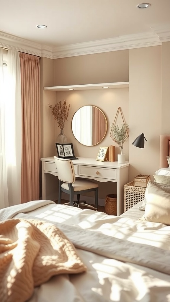 A cozy bedroom featuring a vanity and desk combo, with soft lighting and warm colors, creating an inviting reading nook.